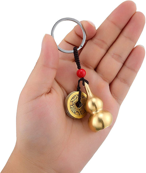 Hotop 3 Pieces Chinese Gourd Brass Wu Lou Keychains Feng Shui Coins Calabash Decorations Pendant Key Rings for Good Luck Fortune Longevity Wealth Success