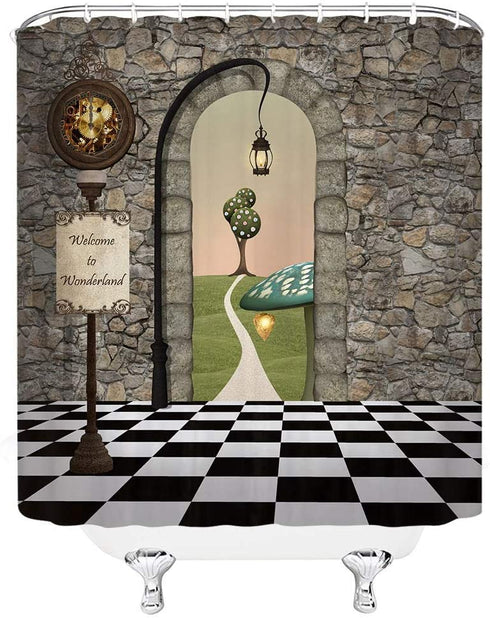Xnichohe Fairy Tale Wonderland Shower Curtain Brave Girl Adventure Black White Floor Mushroom Lantern Clock Polyester Cloth Fabric Bathroom Curtains Decor Set with Hooks,70 x 70 Inches