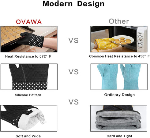 OVAWA Silicone Oven Mitts, Extra Long Kitchen Oven Gloves, Professional Heat Resistant Baking Gloves, 1 Pair, Black