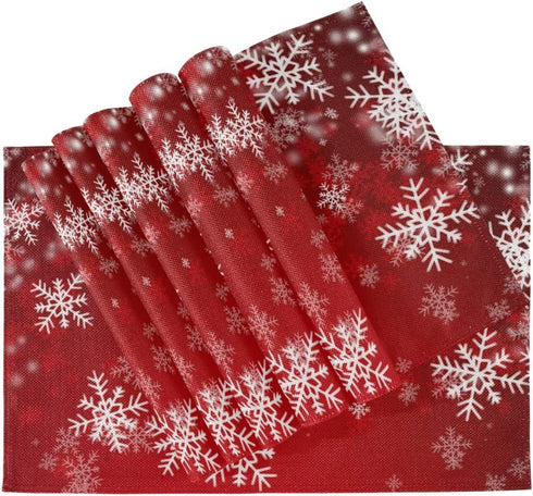 One Bear Christmas Placemats Winter Snowflake Red Placemat Table Mats Non Slip Heat Resistant Placemats for Dining Table Kitchen Holiday Party Set of 6