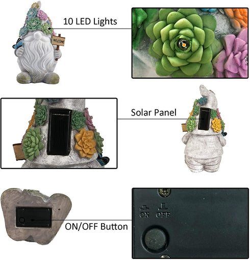 Gnome Garden Statues Outdoor Decor, Solar Gnome Figurines Lights for Garden Decoration Yard Art Gifts with 10 Warm White LEDs