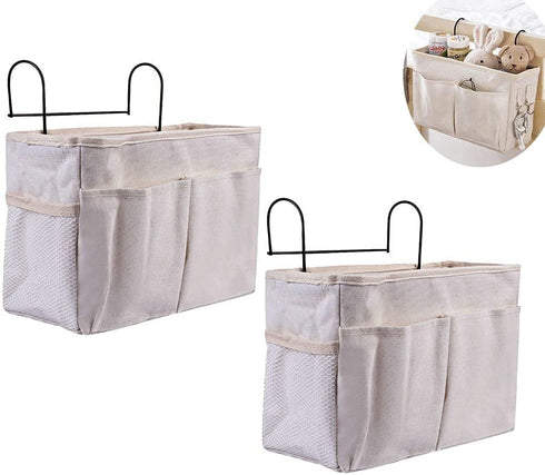 KonHaovF 2Pack Bedside Organizer Caddy Hanging with Hook, Bed Storage Pocket for Dorm Kids Room Top Bunk Bed Loft Bed, Bedside Storage for Phone Remote Control Laptop Books (White)