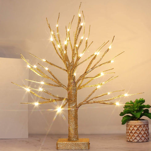 Brightdeco Lighted Gold Glitter Birch Tree 18" H 36 LED Artificial Bonsai Lamp Money Tree for Indoor Use Great Décor for Home Bedroom Halloween Thanksgiving Christmas Easter Wedding Party Warm White