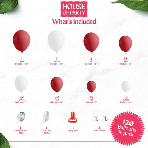 Red and White Balloon Garland Kit - (123 PCS) Valentines Decorations Red White Latex Balloon Arch Kit, 100 Glue Dots, Tying Tool-Christmas, Party Decor Birthday Decorations