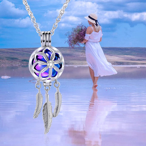 shajwo Cremation Jewelry Dream Catcher Urn Necklaces for Ashes Flower Feather Keepsake Memorial Hollow Pendant for Women Men