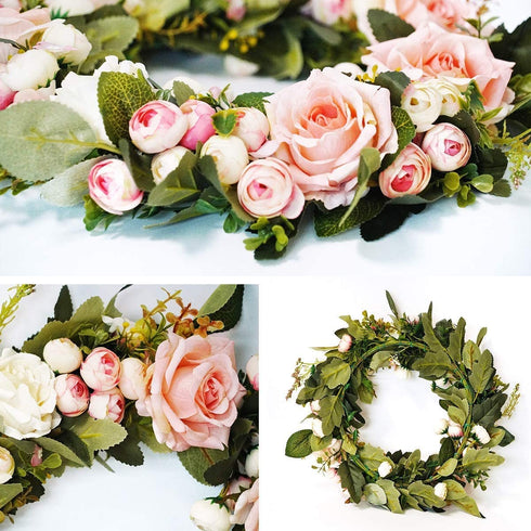 Rose Wreath Floral Wreath Classic Handmade Flowers for Front Door Wall Wedding Party Christmas Home Decor (13"-Pink)