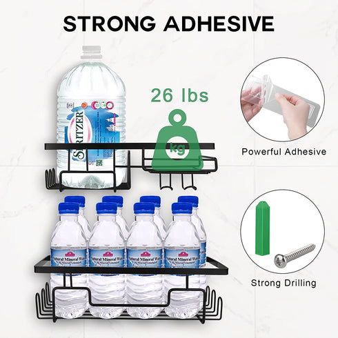BBtang Shower Caddy, Shower Organizer Adhesive Wall Mounted Shelf with 11 Hooks, No Drilling Black Shower Racks Basket Shelves Stainless Steel Bathroom Storage Shampoo Holder for Toilet Kitchen 2 Pack
