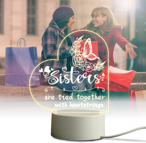 Birthday Gifts for Sister, Engraved Night Light for Sister, LED Night Lamp Gifts for Sister from Sister, Graduation Wedding Mother's Day Gifts for Sister (Heart)