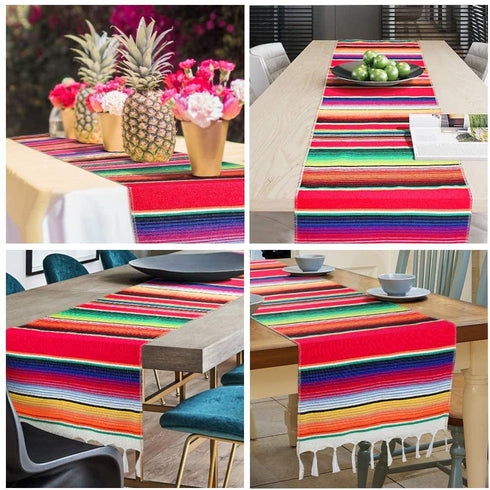 Fowecelt Mexican Serape Table Runner 14 x 84 Inch for Mexican Party Wedding Decorations Outdoor Picnics Dining Table, Fringe Cotton Handwoven Table Runners
