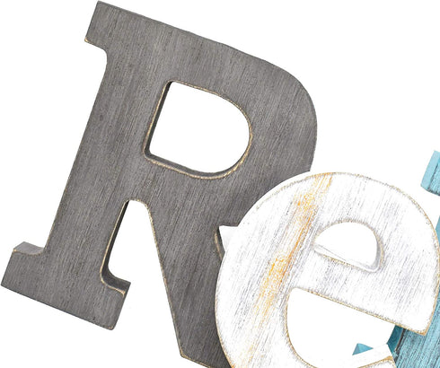 E-view Rustic Wooden Teal Home Sign Decorative Cutout Letters Freestanding Block Word Sign Hanging Ornament Table Shelf Decor (Relax)