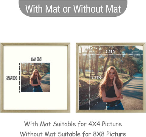 Frametory, 8x8 Aluminum Frames with Ivory Mats for 4x4 Pictures/Photos - Real Glass- Portrait/Landscape - Horizontal and Vertical Formats for Wall and Table Mounting (Gold, 2 Pack)