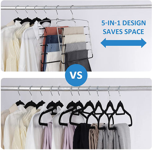 Pants Hangers 4 Pieces, Swing Arm Trousers Hanger, Space Saving Pants Rack, 5 Layers Jeans Hangers with Non-Slip, Multiple Pants Hanger Closet Organizer for Trousers Scarves Ties