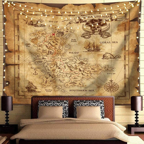 QCWN Pirate Map Tapestry, Treasure Map Tapestry, Island Treasure Map Nautical Wall Tapestry,Tapestry for Men,Halloween Map Tapestry Room Decor for Men,Pirate Decor,Birthday Party.