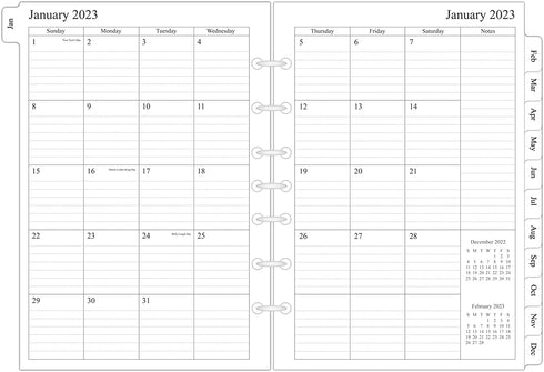 2023 Monthly Planner Refill 5-1/2" x 8-1/4", 12 Months from January 2023 to December 2023, Two Pages Per Month, Ruled Box, Desk Size 4, 7-Hole Punched