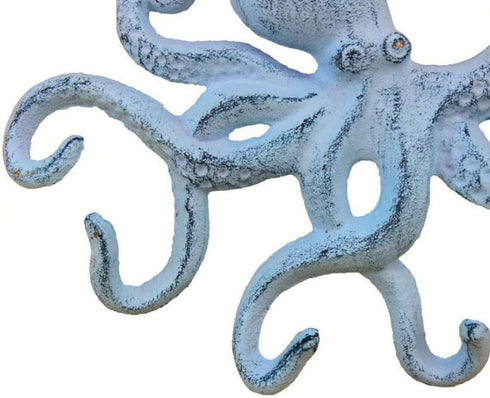 Rustic Dark Blue Whitewashed Cast Iron Octopus Hook 11 Inch - Decorative Hook - Sealife Metal Wall Hook