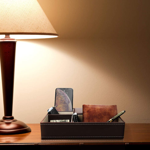 Baoyun Mens Valet Tray Organizer - Leather Nightstand Dresser Top Box with 5 Compartment for Accessories, Wallet, Phone, Keys (Brown)