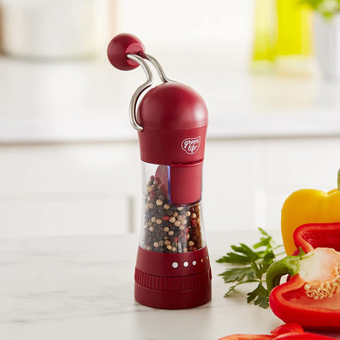 GreenLife Salt and Pepper Grinder, Mess-Free Ratchet Mill, Adjustable Coarseness and Easily Refillable, Red