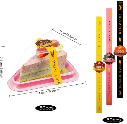 50 Pack Cake Slice Containers, Clear Plastic Cake Containers Disposable Cheesecake Containers Individual Cake Pie Slice Boxes with Lids for Small Pies Snack Dessert - Bonus 50 Pcs Stickers (Pink)
