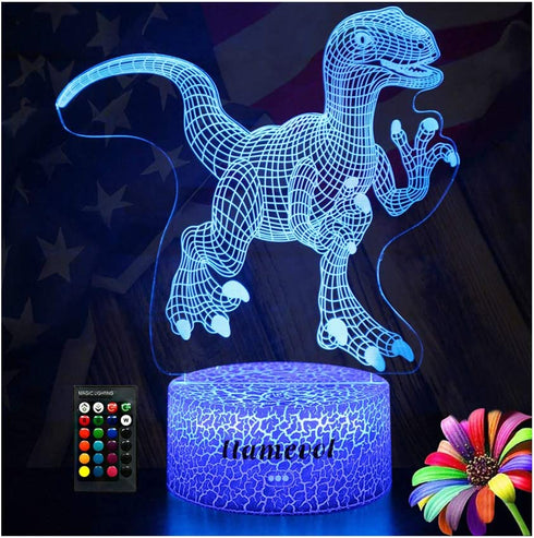 Dinosaur Night Lights for Kids Christmas Gift for Boys Birthday Dino Toy Raptor 3D Illusion Lamp Remote Control 16 Color Change