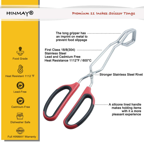 HINMAY Stainless Steel Scissor Tongs 11-Inch Heavy Duty Grilling Tongs, Set of 2