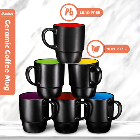 Ceramic Stacking Coffee Mug Tea Cup Dishwasher Safe Set of 6 - Large 18 Ounce, Matte Black