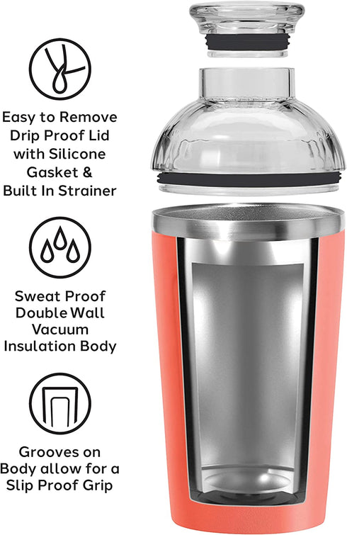 OGGI Groove Insulated Cocktail Shaker-17oz Double Wall Vacuum Insulated Stainless Steel Shaker, Tritan Lid has Built In Strainer, Ideal Cocktail Mixer, Martini Shaker, Margarita Shaker, Coral