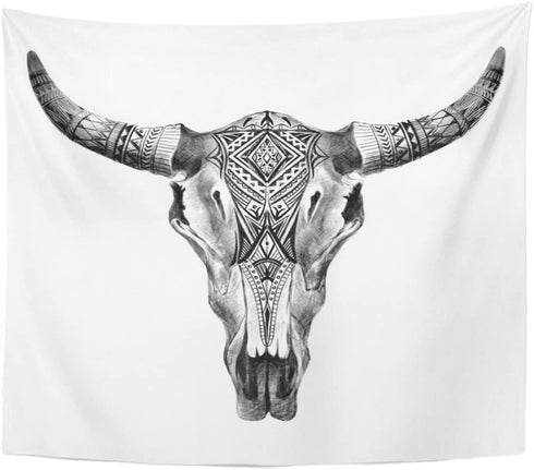 Emvency Tapestry Bull Aztec Longhorn Skull Cow Tribal Western Animals Home Decor Wall Hanging for Living Room Bedroom Dorm 50x60 inches
