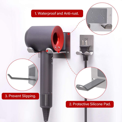 FLE Hair Dryer Holder Wall Mounted Self Adhesive, SUS 304 Stainless Steel Hair Blow Dryer Rack Organizer Compatible with Most Hair Dryers ¦
