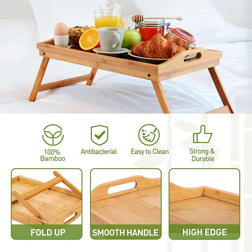 Bamboo Bed Tray,Breakfast Tray with Folding Legs Serving Tray with Carrying Handles Portable Lap Tray Lightweight Decorative Tray Food Tray for Breakfast in Bed,Reading or Working (17.1 Inch)