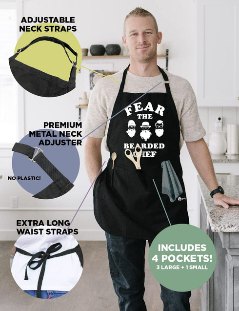 ApronMen, Fear The Bearded Chef Apron, Professionally Printed Funny BBQ Grilling Aprons for Men (Black) - Adjustable One Size Fits All - 100% Cotton - Mens Apron With Pockets