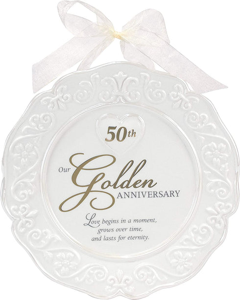 Malden International Designs Glazed Ceramic 50th Anniversary Plate With Gold Accents And Ribbon For Hanging, 9x9, White