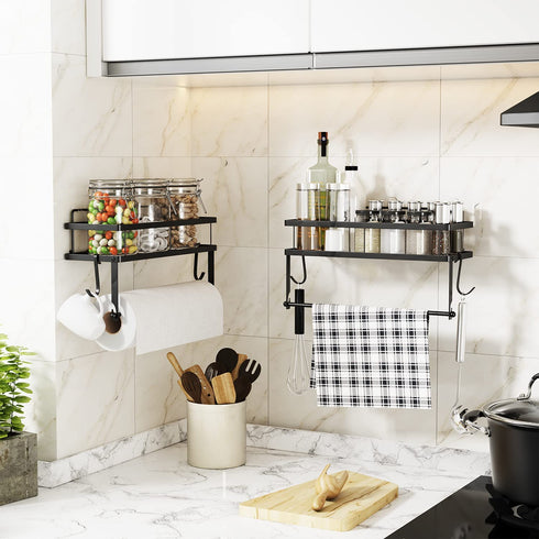 ESOW Paper Towel Holder with Shelf Storage, Adhesive Wall Mount 2-in-1 Basket Organizer for Kitchen & Bathroom, Durable Metal Wire Design, Stainless Steel 304 Matte Black Finish