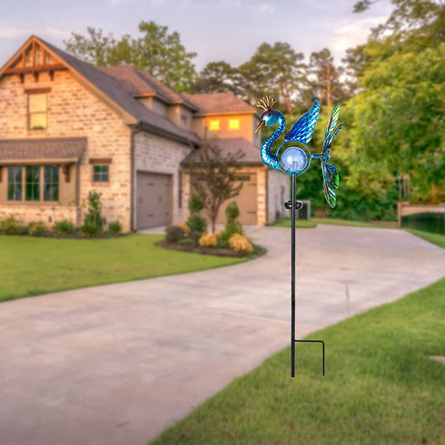 Peacock Wind Spinner Solar Garden Stake Lights - Cracked Glass Ball Waterproof Outdoor Peacock Decor Pathway Lights for Garden Patio Lawn