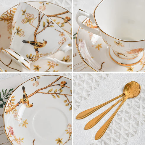 ROMANCE DAYS 3 Piece Porcelain Tea Cup and Saucer Set with Spoon Vintage Coffee Cup Set Flower Tea cup with gold Trim?6oz(brown)