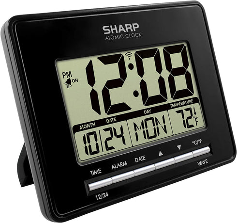 Sharp Atomic Desktop Clock Auto Set Digital Alarm Clock - Atomic Accuracy - Easy to Read Screen with Time/Date/Temperature Display- Perfect for Nightstand or Desk