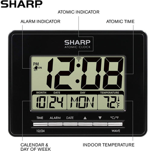 Sharp Atomic Desktop Clock Auto Set Digital Alarm Clock - Atomic Accuracy - Easy to Read Screen with Time/Date/Temperature Display- Perfect for Nightstand or Desk