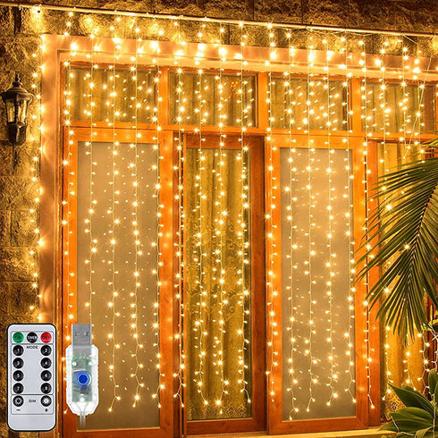 Ollny Curtain Lights LED Curtain Fairy Lights Outdoor, 6.6FT 8 Lighting Modes Window Wall Hanging String Lights Warm White with USB and Remote for Christmas Indoor Bedroom Wedding Party Easter Garden