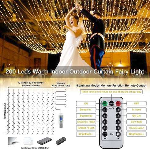 Ollny Curtain Lights LED Curtain Fairy Lights Outdoor, 6.6FT 8 Lighting Modes Window Wall Hanging String Lights Warm White with USB and Remote for Christmas Indoor Bedroom Wedding Party Easter Garden