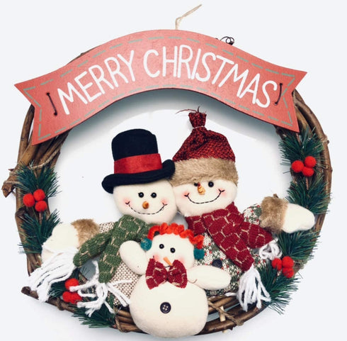 Nature's Nectar Merry Christmas Wreath Home Kitchen Wall Hanging with Snowman, Santa, Doll, & Pine Leaves Decorative Ornament Plastic & Rattan Party Décor Door Hanger Artificial Fall for All Season