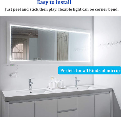 White LED Strip Lights, WOBANE Dimmable LED Light Strip Kit, 16.4ft Flexible Tape Lights for Bedroom,Kitchen,Under Cabinet,Bright 6500K Daylight, LED Mirror Lighting for Vanity Makeup Dressing Table