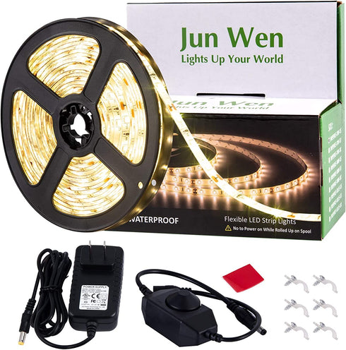 JUNWEN Waterproof LED Strip Light Kit,Dimmable Warm White Rope Lights,16.4 FT/5M Tape Lights 300 Units SMD 2835 12V LED Ribbon with Power Supply for Home Kitchen Bar Clubs