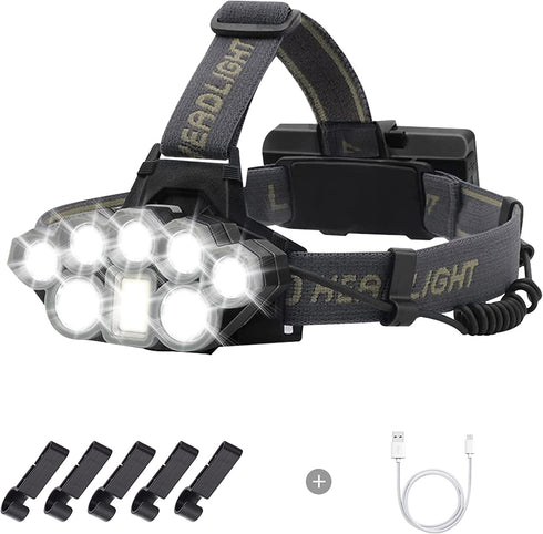 Headlamp Rechargeable, Briignite 8 LED Headlamp Flashlight, 6 Mode USB Rechargeable Headlamp, 5000LM Super Bright Head Light, Waterproof, 270°Wide Beam, Outdoor Hiking, Cycling, Fishing, Camping Gear