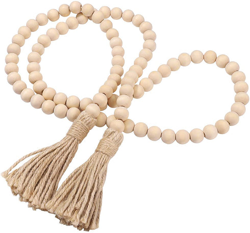 Garneck 58in Wood Bead Garland,Rustic Country Beads Wood Bead Tassel,Farmhouse Wall Hanging Prayer Beads Home Christmas Tree Decoration (1 Pack) (58inch) (1pack-58inch)