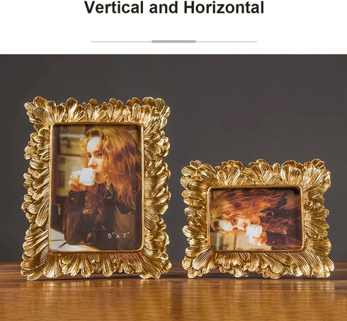 Gold Frame 4x6 inch,Decorative Gold Picture Frames Designed with Golden Palm Leaves,Gold Decor 4x6 Display Pictures Frame Set