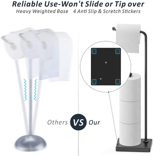 Toilet Paper Holder Stand, Veckle Free Standing Toilet Paper Holder for Bathroom, Weighted Base Toilet Paper Stand Black, Toilet Paper Roll Holder Stand with Reserve