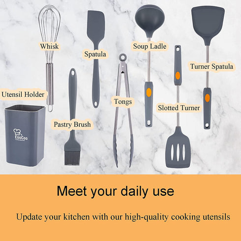 EooCoo Silicone Cooking Utensils Set with Holder, 8Pcs Kitchen Must Haves Stainless Steel Handle Cooking Tools, Kitchen Cookware 446°F Heat-Resistant for Nonstick Cookware Set, Gray