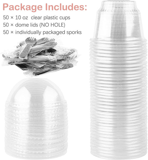 50 Pack 10oz Dessert Cups with Lids, Clear Plastic Parfait Cups with No Hole Dome Lids and Sporks, Disposable Snack Bowls for Cereal Parfait, Ice Cream, Yogurt, Fruit, Cupcakes, Pudding