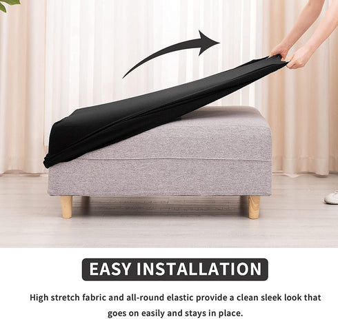RECYCO Stretch Ottoman Cover Rectangle Storage Stool Slipcovers with Elastic Band, Footrest Protector with Spandex Jacquard Fabric (Black?Large)