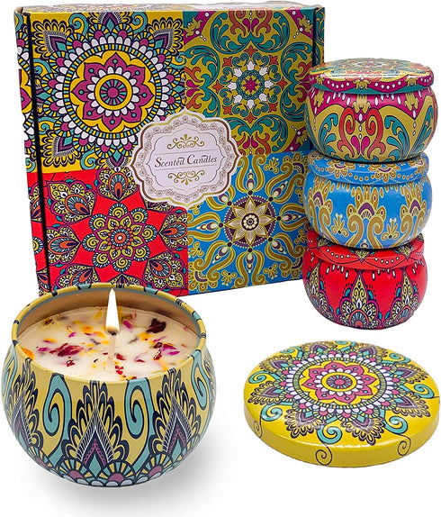 Orentas, Scented Candles Gift Set, Pure Natural Soybean for Aromatherapy Wax ,Travel Tin Candles for Home Meditation, Mother's Day Gift or Birthday Gifts 4 Packs, 4.4oz (Lemon/Rose/Orange/Lavender)