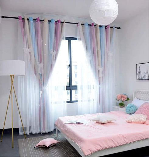 Yancorp Curtains for Girls Bedroom Kids Curtain Hollow-Out Star Window Nursery Curtain 63 inches Length Room Darkening Grommet 2 Layers (Pink Blue, W52 X L63)